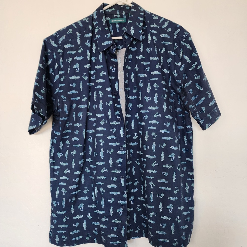 Cubavera Men's Medium Button Up Shirt Navy Blue Classic Cars Palm Trees Casual - Picture 2 of 10